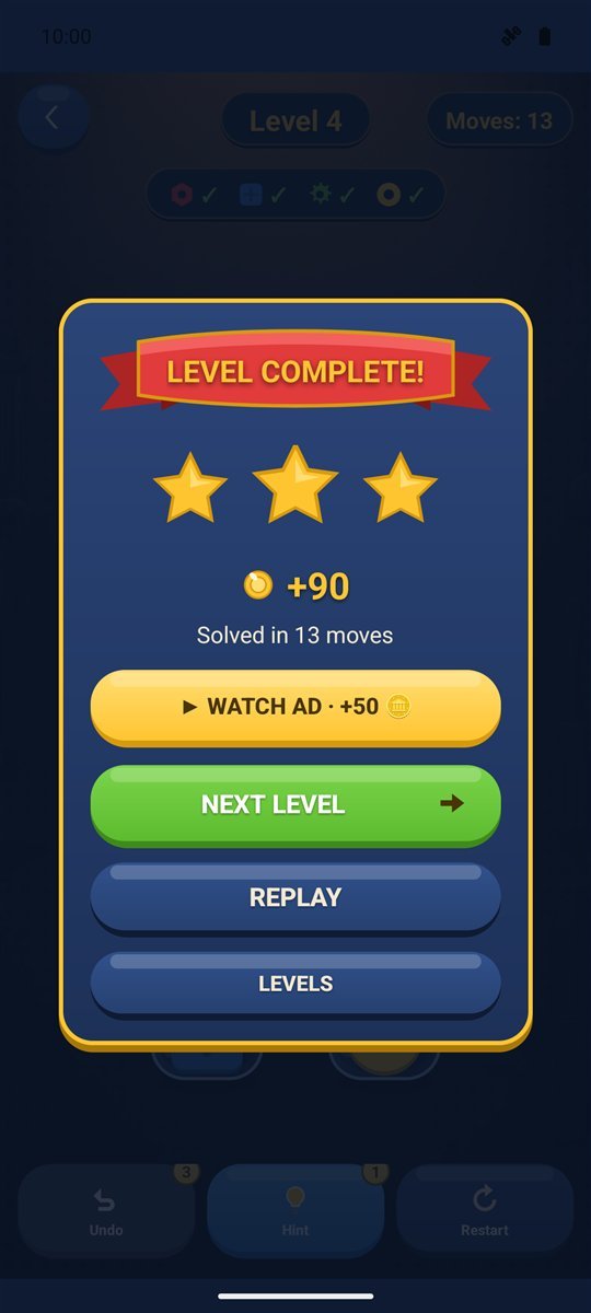 Level complete screen with three stars and a coin reward